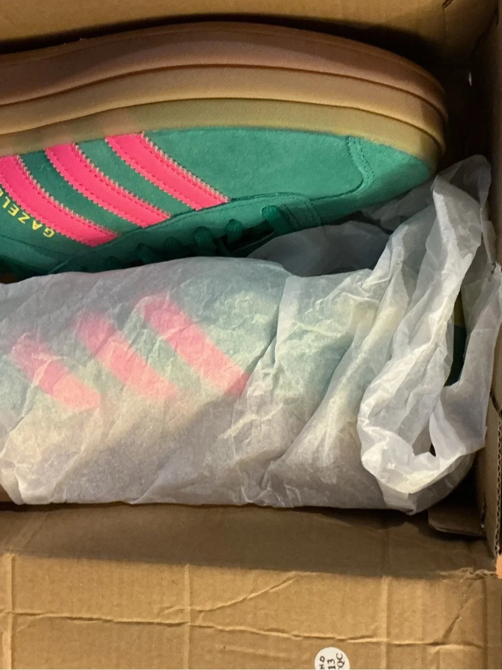 adidas Gazelle Bold Womens Green with Pink Stripes Sneakers JH9668 Style.